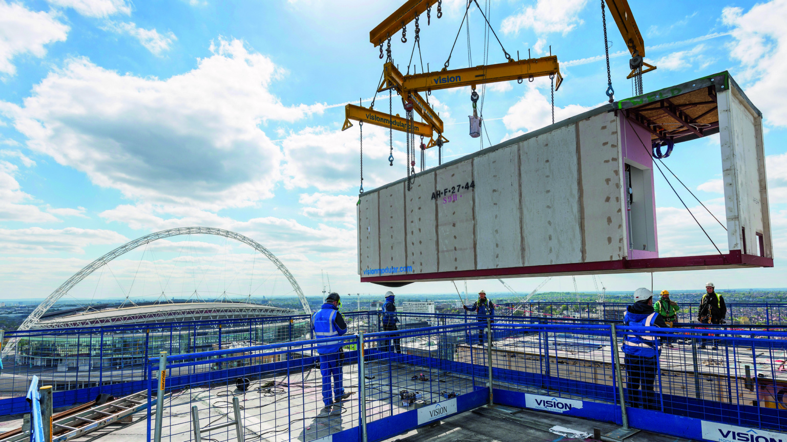 Volumetric unit craning into place